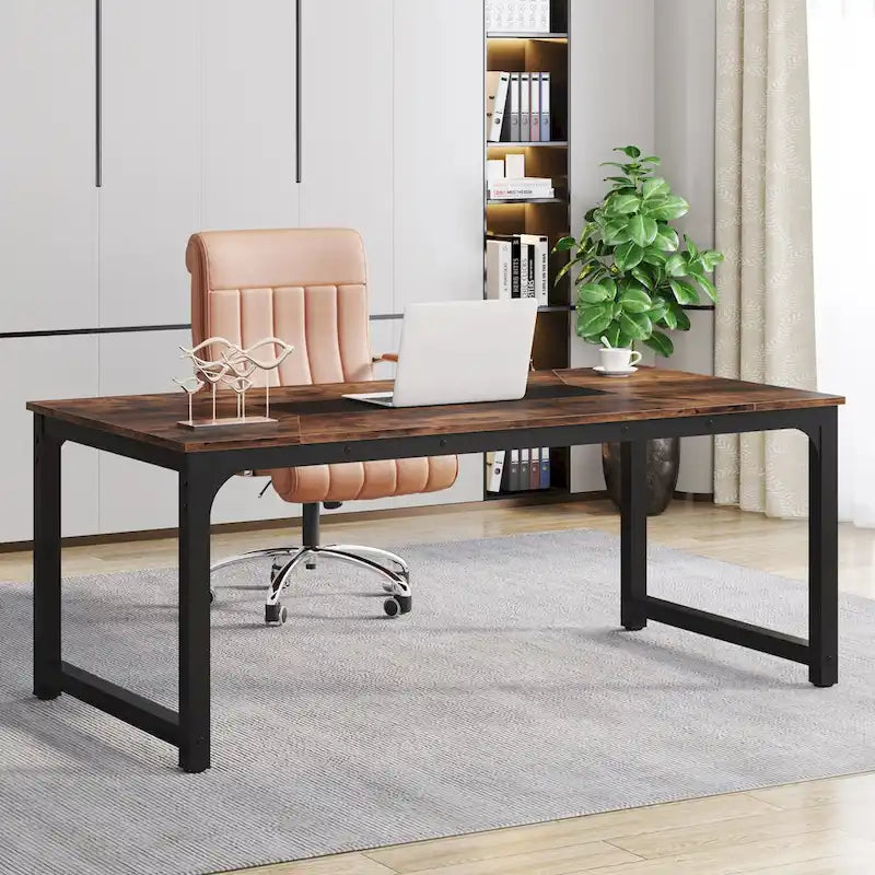 Grand bureau de 180 cm avec cadre en acier robuste et pieds réglables – Marron rustique / Noir, pour 1 personne