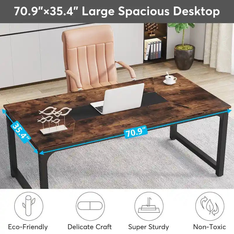 Grand bureau de 180 cm avec cadre en acier robuste et pieds réglables – Marron rustique / Noir, pour 1 personne