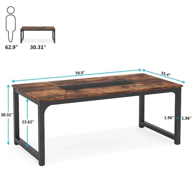 Grand bureau de 180 cm avec cadre en acier robuste et pieds réglables – Marron rustique / Noir, pour 1 personne