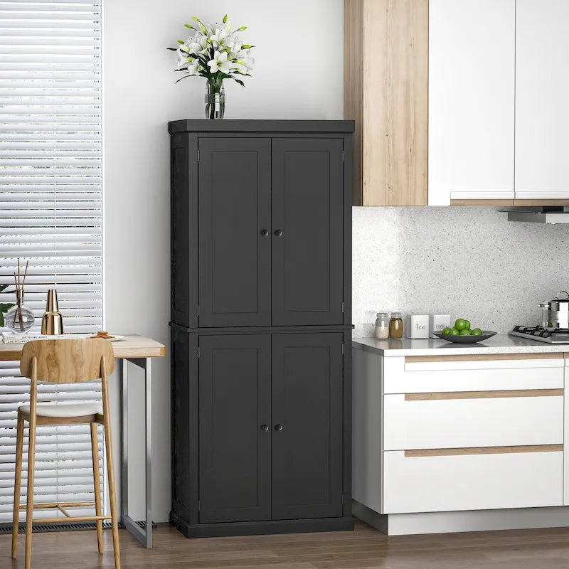 Meuble de Rangement/Garde-Manger de Cuisine Autoportant 4 Portes Noir/Blanc avec 6 Étagères – Unité Simple