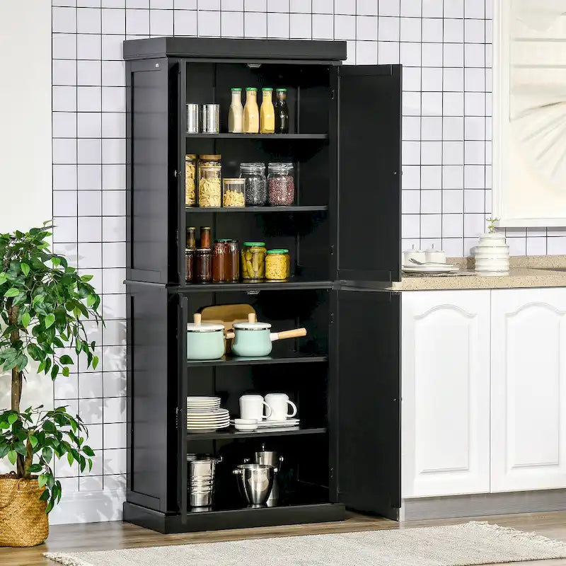 Meuble de Rangement/Garde-Manger de Cuisine Autoportant 4 Portes Noir/Blanc avec 6 Étagères – Unité Simple