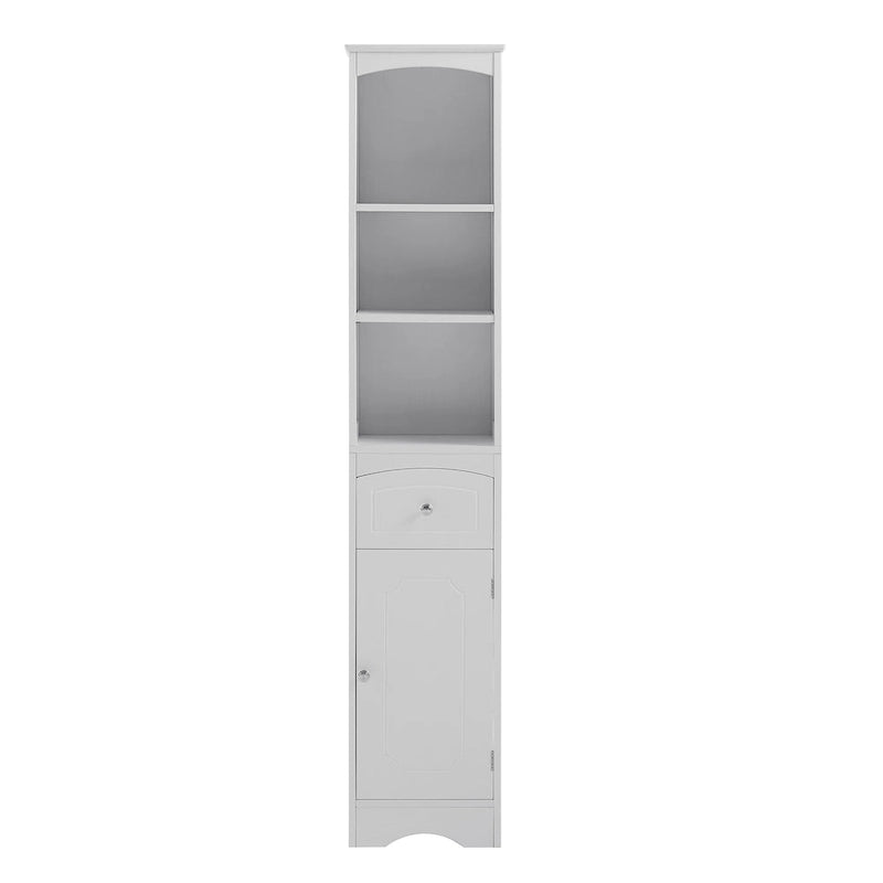 Slim Bathroom Storage Cabinet with Adjustable Shelf, Drawer and Door – White / Painted Finish, for 1 Person
