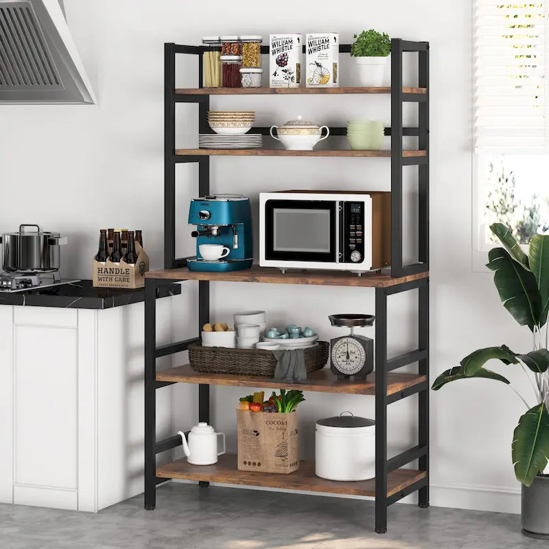 Rustic Brown / White / Black / Brown / Grey 5-Tier Kitchen Baker's Rack with Hutch and Microwave Stand – Single Unit