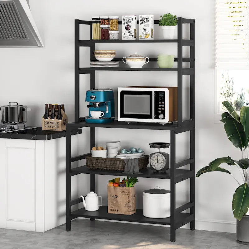 Rustic Brown / White / Black / Brown / Grey 5-Tier Kitchen Baker's Rack with Hutch and Microwave Stand – Single Unit