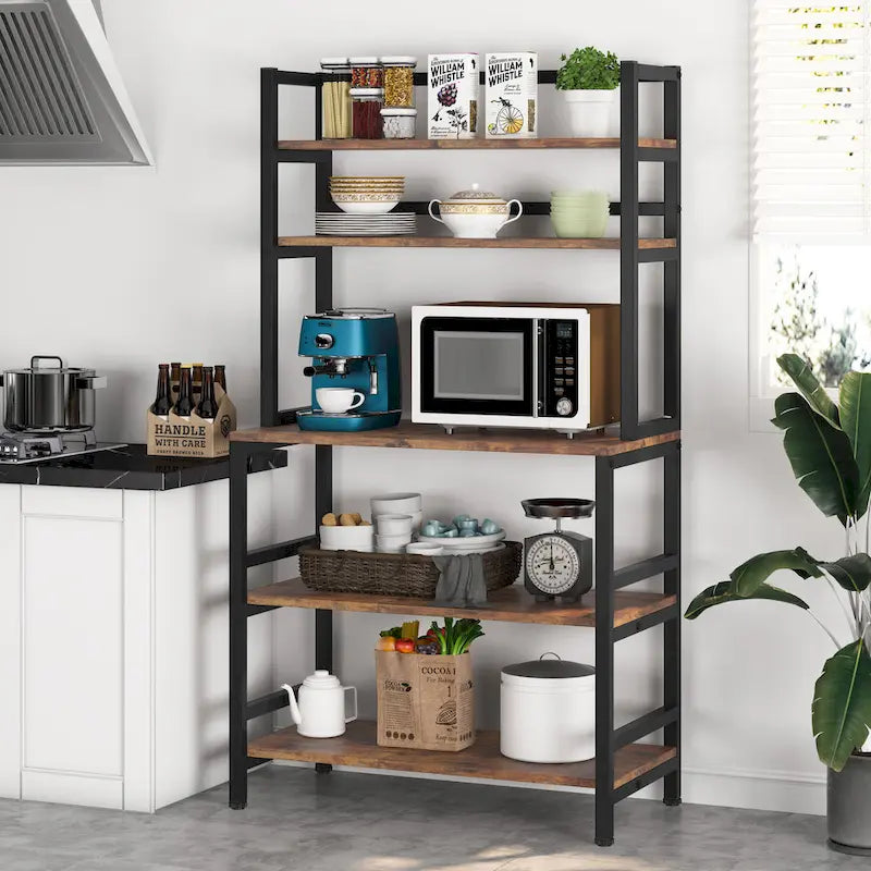 Rustic Brown / White / Black / Brown / Grey 5-Tier Kitchen Baker's Rack with Hutch and Microwave Stand – Single Unit