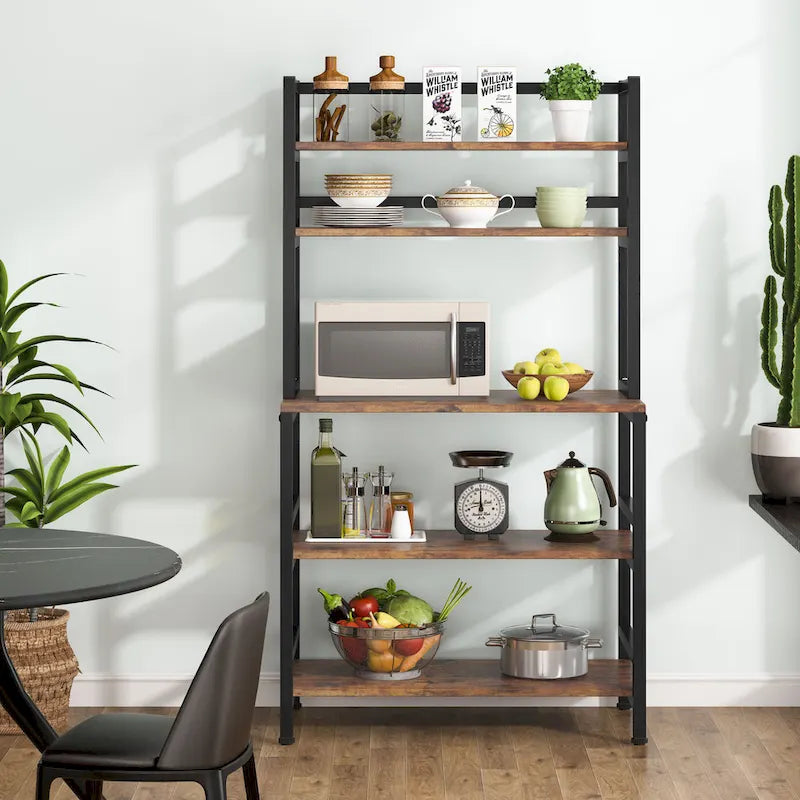 Rustic Brown / White / Black / Brown / Grey 5-Tier Kitchen Baker's Rack with Hutch and Microwave Stand – Single Unit