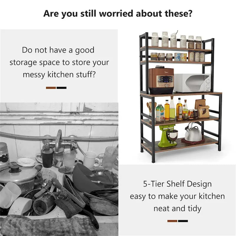 Rustic Brown / White / Black / Brown / Grey 5-Tier Kitchen Baker's Rack with Hutch and Microwave Stand – Single Unit