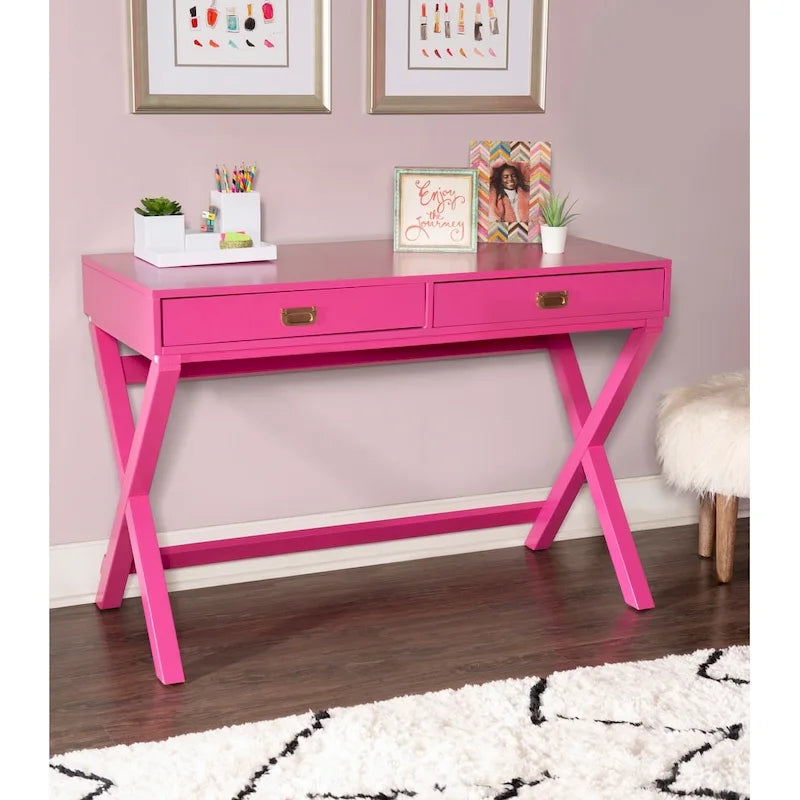 Bureau rectangulaire rose / rose clair avec 2 tiroirs et pieds en X – Monoplace