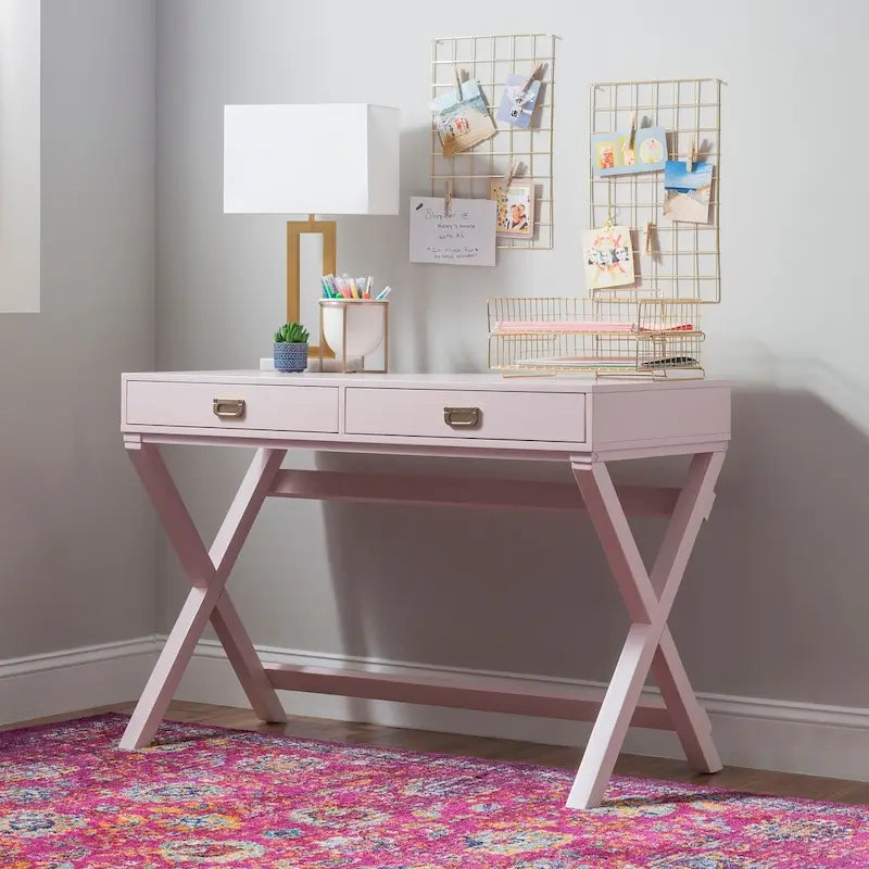 Bureau rectangulaire rose / rose clair avec 2 tiroirs et pieds en X – Monoplace