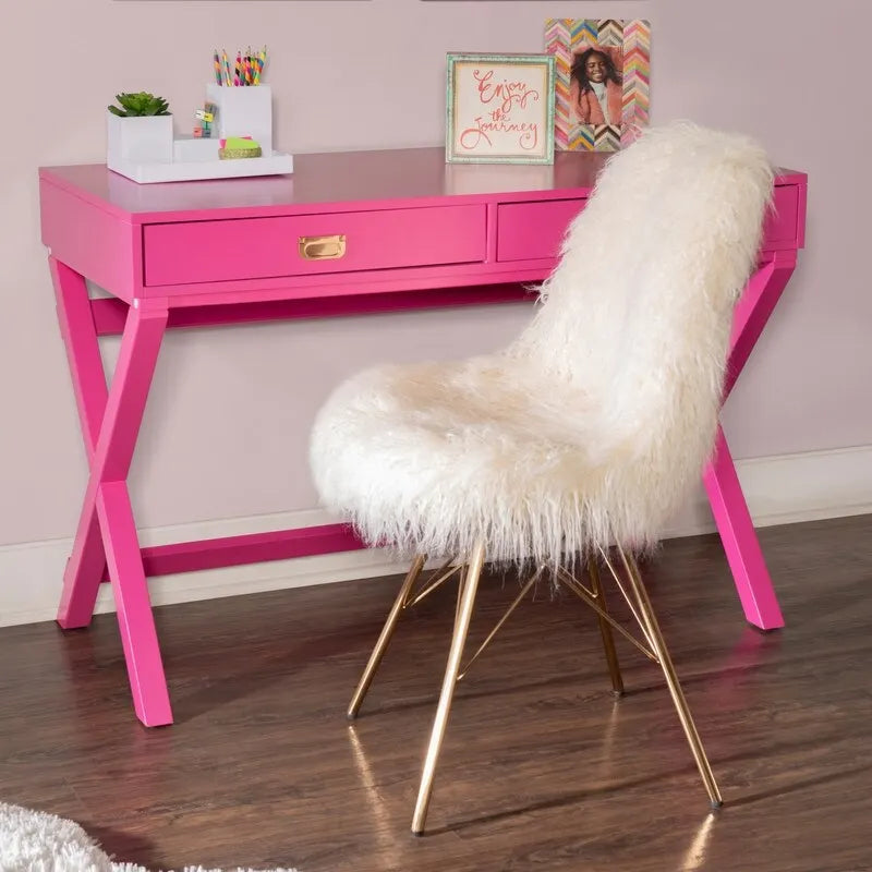 Bureau rectangulaire rose / rose clair avec 2 tiroirs et pieds en X – Monoplace