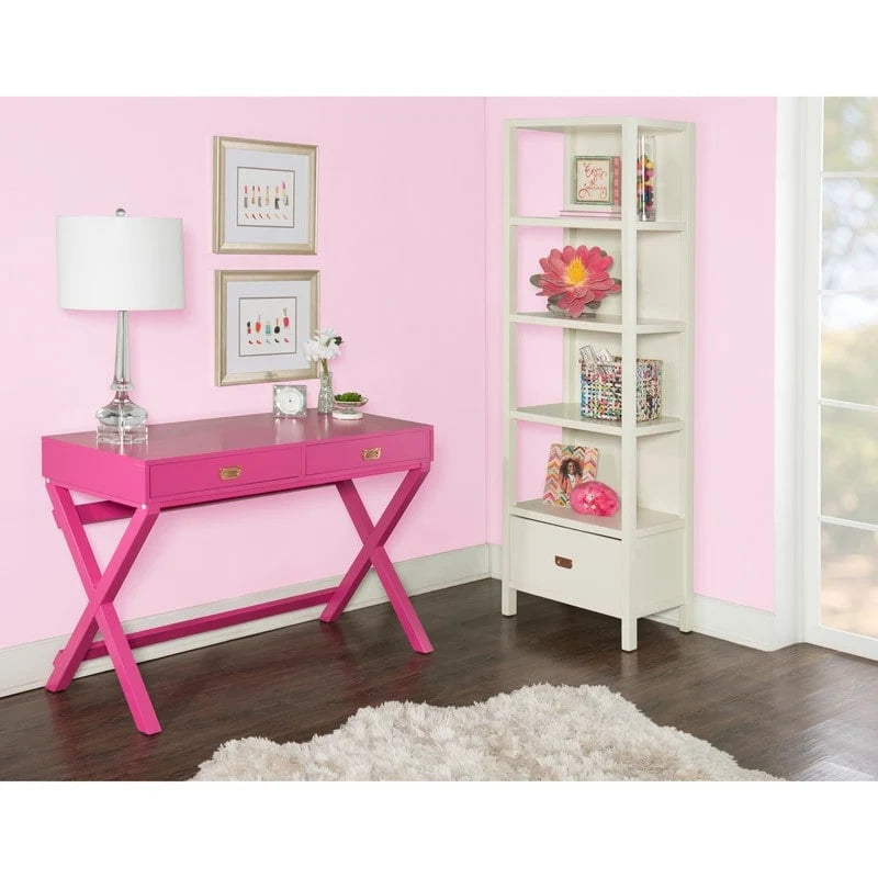 Pink / Light Pink Rectangular Writing Desk with 2 Drawers and X-Frame Legs – Single User