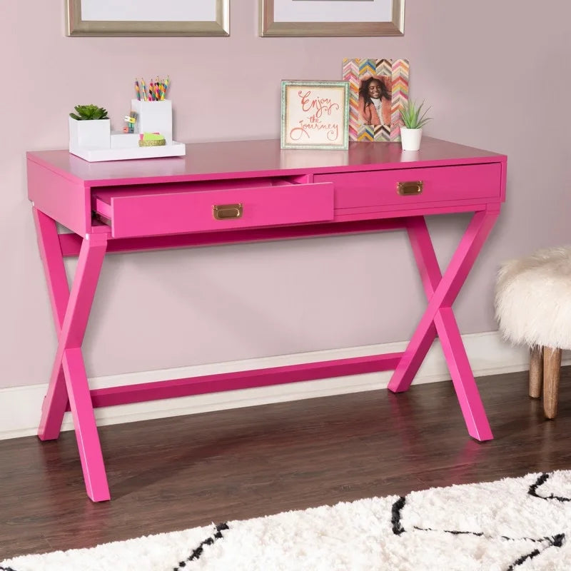 Pink / Light Pink Rectangular Writing Desk with 2 Drawers and X-Frame Legs – Single User