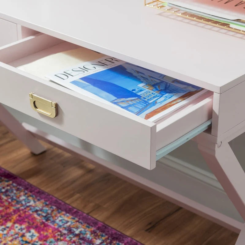 Bureau rectangulaire rose / rose clair avec 2 tiroirs et pieds en X – Monoplace