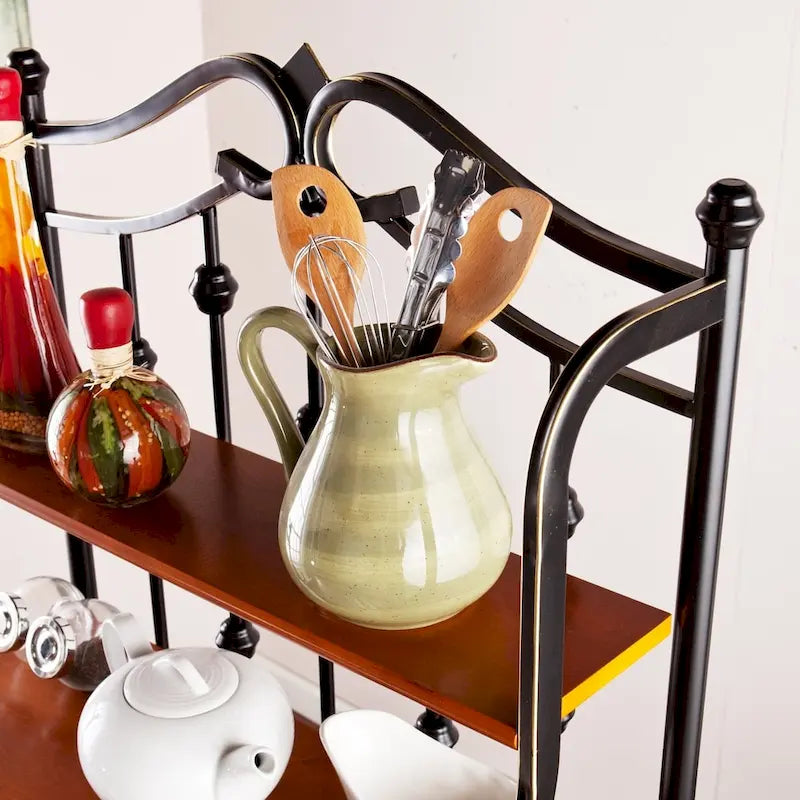 Black Baker's Rack with 2 Rattan Baskets, Wire Shelf and Oak Finish Shelves – Single Unit