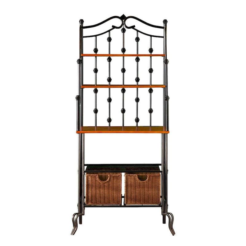 Black Baker's Rack with 2 Rattan Baskets, Wire Shelf and Oak Finish Shelves – Single Unit