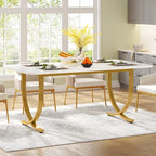 Table à manger rectangulaire 160 cm avec plateau aspect marbre et pieds en métal doré – Blanc et or, pour 4 à 6 personnes