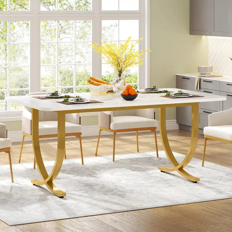 63" Rectangular Dining Table with Faux Marble Top and Gold Metal Legs – White & Gold, for 4–6 People