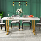 Table à manger rectangulaire 160 cm avec plateau aspect marbre et pieds en métal doré – Blanc et or, pour 4 à 6 personnes