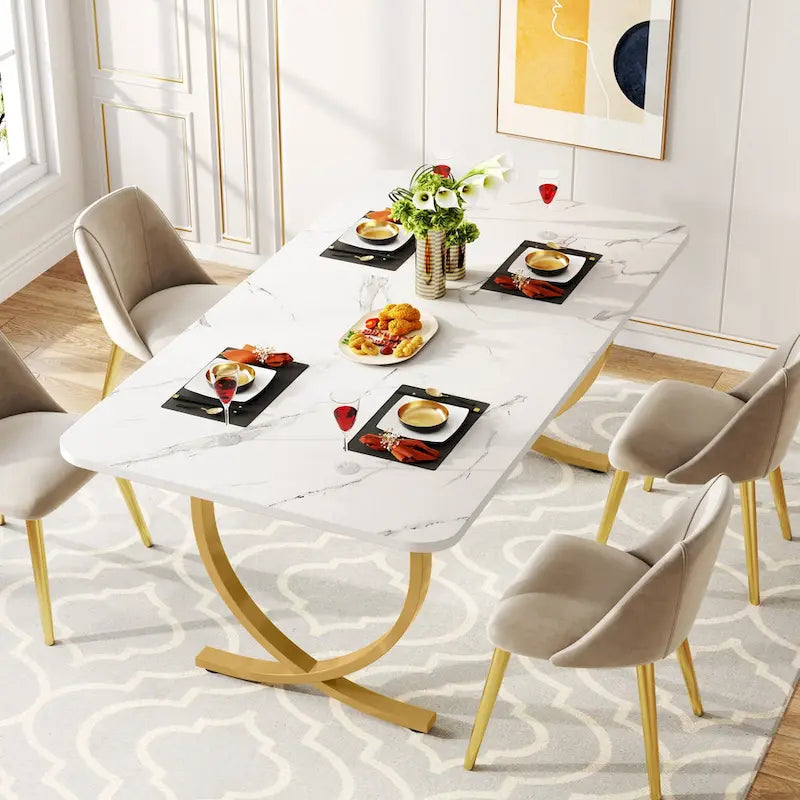 63" Rectangular Dining Table with Faux Marble Top and Gold Metal Legs – White & Gold, for 4–6 People