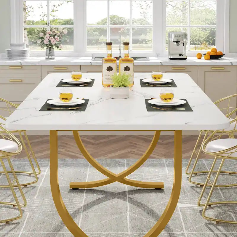 63" Rectangular Dining Table with Faux Marble Top and Gold Metal Legs – White & Gold, for 4–6 People