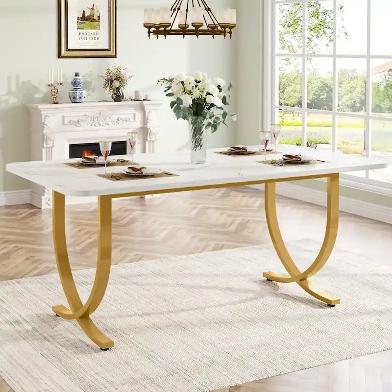 63" Rectangular Dining Table with Faux Marble Top and Gold Metal Legs – White & Gold, for 4–6 People