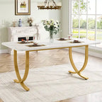 Table à manger rectangulaire 160 cm avec plateau aspect marbre et pieds en métal doré – Blanc et or, pour 4 à 6 personnes