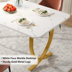 Table à manger rectangulaire 160 cm avec plateau aspect marbre et pieds en métal doré – Blanc et or, pour 4 à 6 personnes