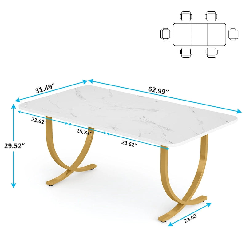 63" Rectangular Dining Table with Faux Marble Top and Gold Metal Legs – White & Gold, for 4–6 People