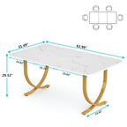 Table à manger rectangulaire 160 cm avec plateau aspect marbre et pieds en métal doré – Blanc et or, pour 4 à 6 personnes