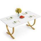 Table à manger rectangulaire 160 cm avec plateau aspect marbre et pieds en métal doré – Blanc et or, pour 4 à 6 personnes