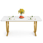 Table à manger rectangulaire 160 cm avec plateau aspect marbre et pieds en métal doré – Blanc et or, pour 4 à 6 personnes