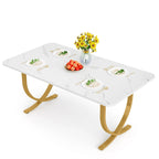 Table à manger rectangulaire 160 cm avec plateau aspect marbre et pieds en métal doré – Blanc et or, pour 4 à 6 personnes