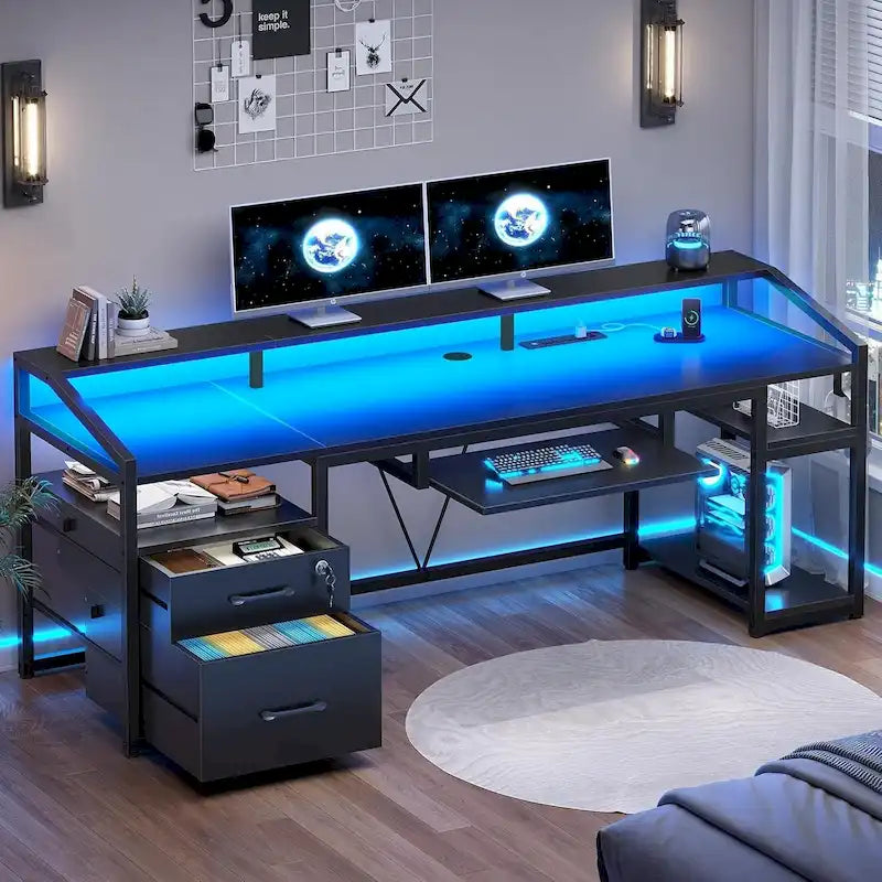 Bureau d'ordinateur d'angle 160 cm (63 po) avec lumières DEL, prise de courant, tiroir classeur et tablette pour clavier – Pour une personne – Brun/Gris/Noir