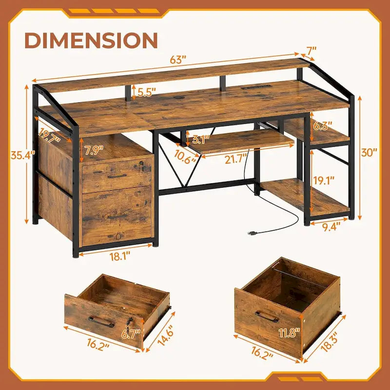 Bureau d'ordinateur d'angle 160 cm (63 po) avec lumières DEL, prise de courant, tiroir classeur et tablette pour clavier – Pour une personne – Brun/Gris/Noir