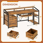 Bureau d'ordinateur d'angle 160 cm (63 po) avec lumières DEL, prise de courant, tiroir classeur et tablette pour clavier – Pour une personne – Brun/Gris/Noir