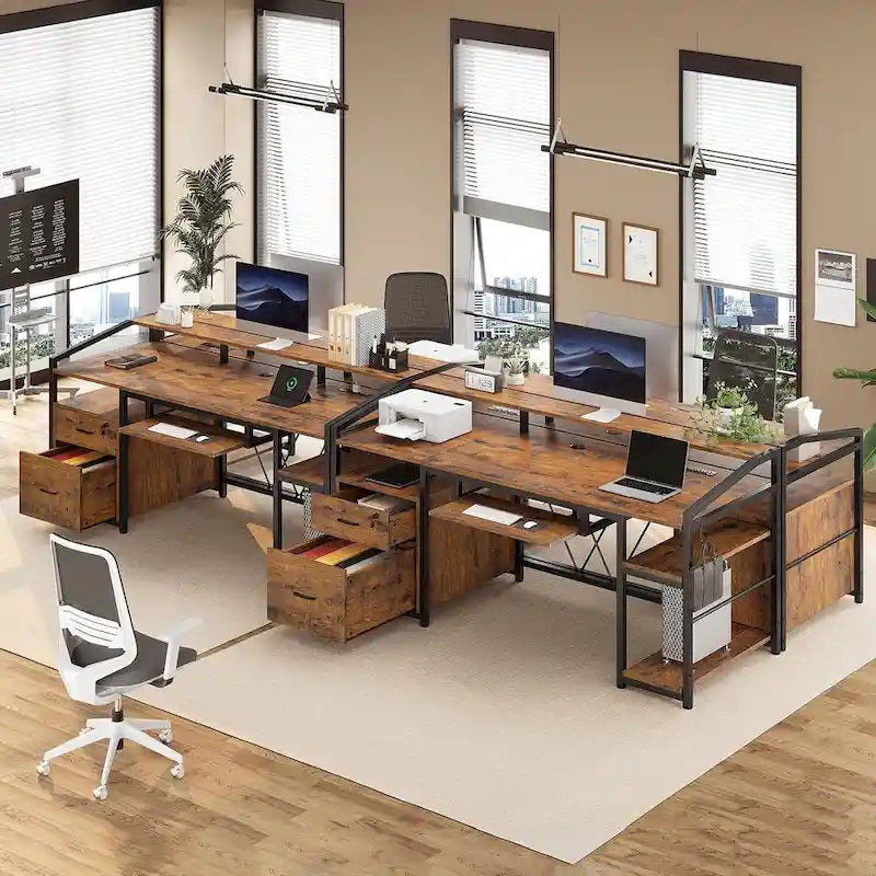 Bureau d'ordinateur d'angle 160 cm (63 po) avec lumières DEL, prise de courant, tiroir classeur et tablette pour clavier – Pour une personne – Brun/Gris/Noir