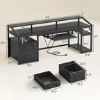 Bureau d'ordinateur d'angle 160 cm (63 po) avec lumières DEL, prise de courant, tiroir classeur et tablette pour clavier – Pour une personne – Brun/Gris/Noir