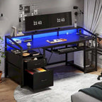 Bureau d'ordinateur d'angle 160 cm (63 po) avec lumières DEL, prise de courant, tiroir classeur et tablette pour clavier – Pour une personne – Brun/Gris/Noir