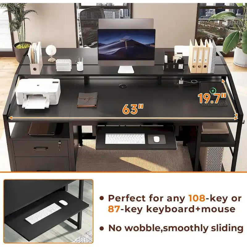 Bureau d'ordinateur d'angle 160 cm (63 po) avec lumières DEL, prise de courant, tiroir classeur et tablette pour clavier – Pour une personne – Brun/Gris/Noir