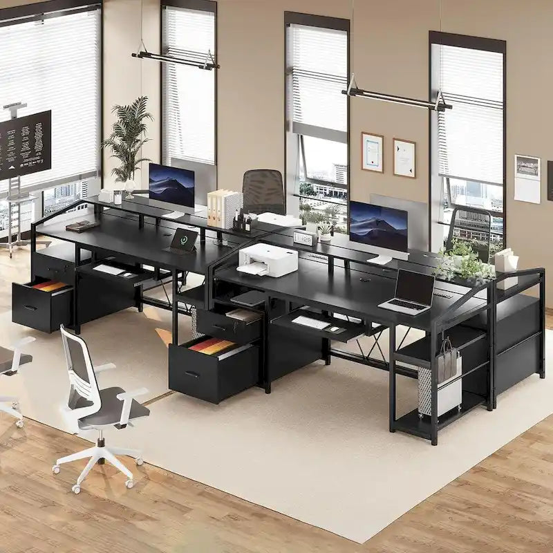 Bureau d'ordinateur d'angle 160 cm (63 po) avec lumières DEL, prise de courant, tiroir classeur et tablette pour clavier – Pour une personne – Brun/Gris/Noir