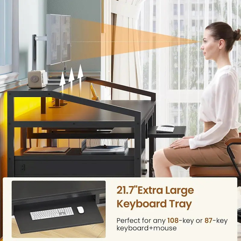 Bureau d'ordinateur d'angle 160 cm (63 po) avec lumières DEL, prise de courant, tiroir classeur et tablette pour clavier – Pour une personne – Brun/Gris/Noir