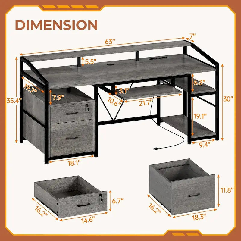 Bureau d'ordinateur d'angle 160 cm (63 po) avec lumières DEL, prise de courant, tiroir classeur et tablette pour clavier – Pour une personne – Brun/Gris/Noir