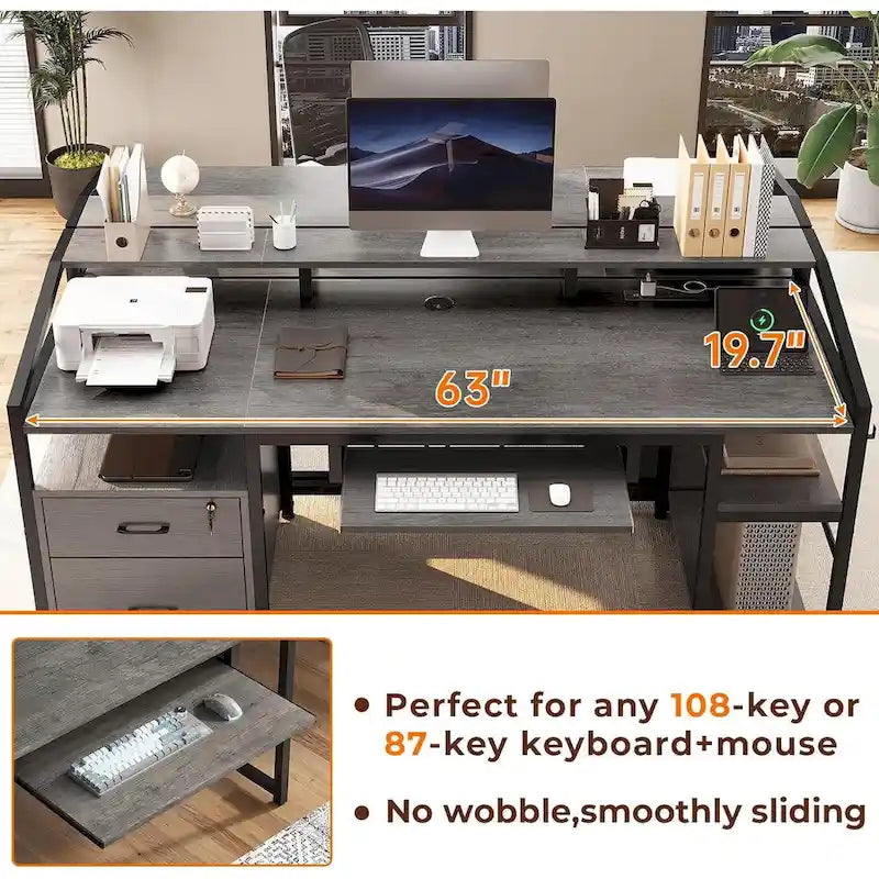 Bureau d'ordinateur d'angle 160 cm (63 po) avec lumières DEL, prise de courant, tiroir classeur et tablette pour clavier – Pour une personne – Brun/Gris/Noir