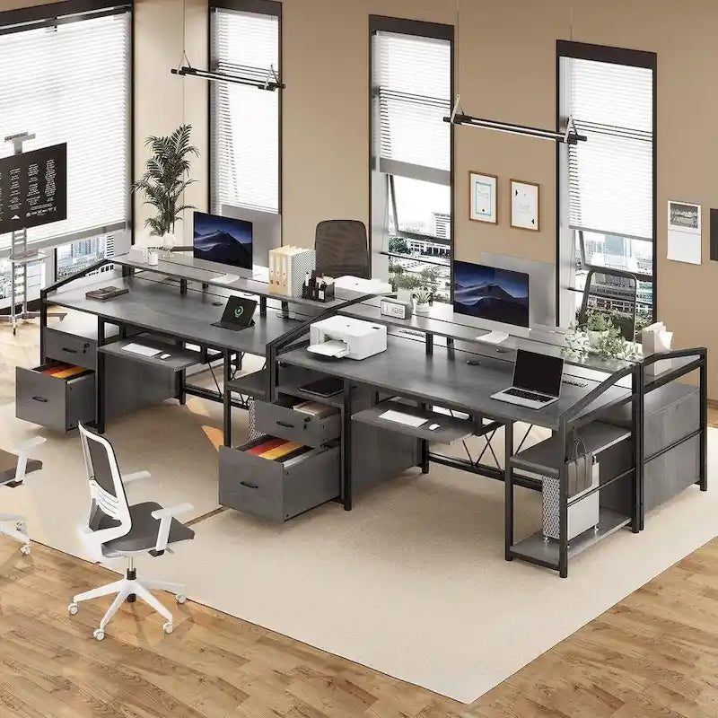 Bureau d'ordinateur d'angle 160 cm (63 po) avec lumières DEL, prise de courant, tiroir classeur et tablette pour clavier – Pour une personne – Brun/Gris/Noir