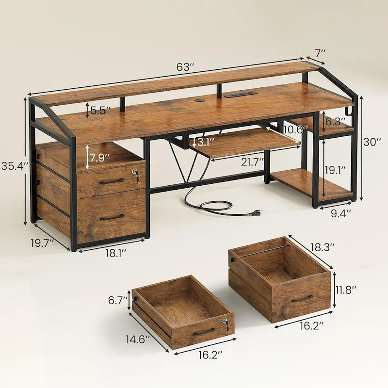 Bureau d'ordinateur d'angle 160 cm (63 po) avec lumières DEL, prise de courant, tiroir classeur et tablette pour clavier – Pour une personne – Brun/Gris/Noir