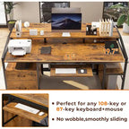 Bureau d'ordinateur d'angle 160 cm (63 po) avec lumières DEL, prise de courant, tiroir classeur et tablette pour clavier – Pour une personne – Brun/Gris/Noir