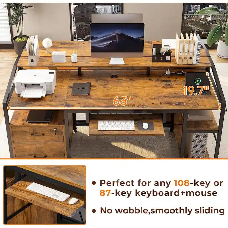 Bureau d'ordinateur d'angle 160 cm (63 po) avec lumières DEL, prise de courant, tiroir classeur et tablette pour clavier – Pour une personne – Brun/Gris/Noir