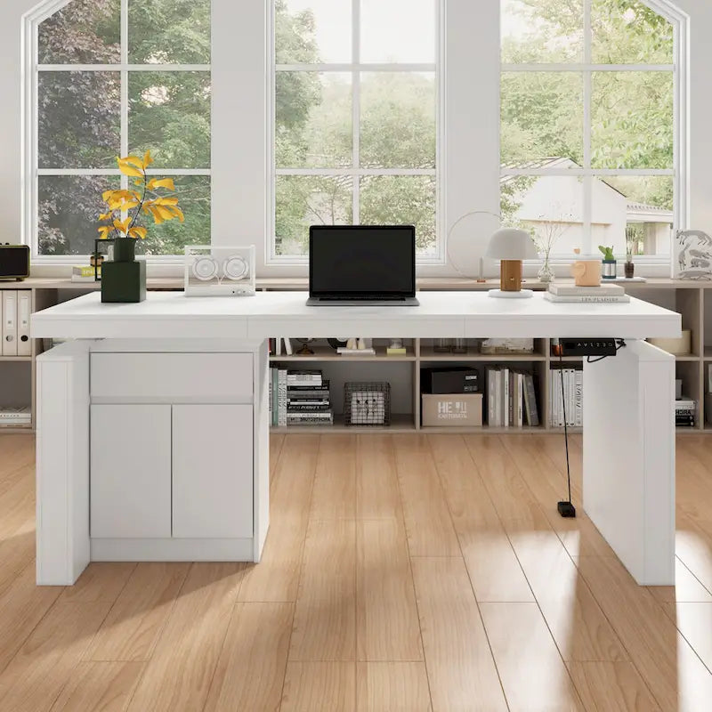 Bureau blanc réglable en hauteur électrique avec meuble de rangement latéral – Un seul utilisateur