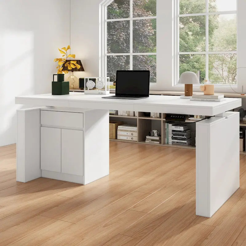Bureau blanc réglable en hauteur électrique avec meuble de rangement latéral – Un seul utilisateur