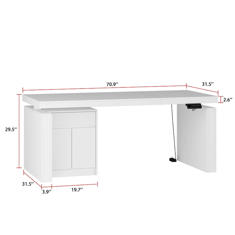 Bureau blanc réglable en hauteur électrique avec meuble de rangement latéral – Un seul utilisateur